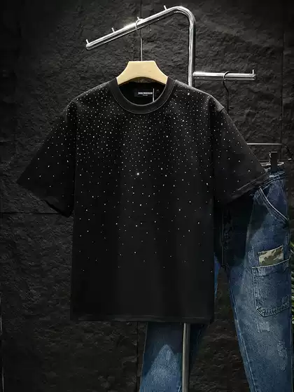 European Fashion Trendy Brand Light Luxury Men's T-Shirt Short Sleeve Internet Celebrity Hot Style Niche Rhinestone High-End Round Neck Half-Sleeve Tee