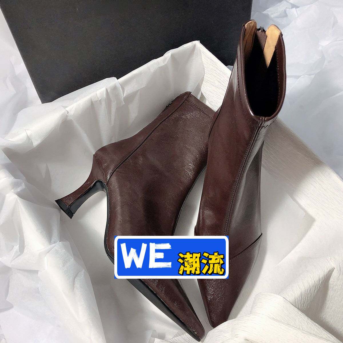 王冠鞋业女鞋新款尖头优雅韩风心动瘦瘦靴细跟后拉链高跟短靴女