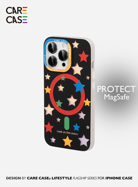 CARECASE 黑色彩虹星星磁吸防摔手机壳 适用于苹果iPhone13/14/15ProMax磨砂挂绳孔个性ins风高级magsafe充电