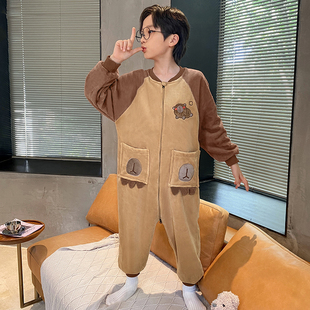 男童连体睡衣秋冬薄款珊瑚绒防踢被中大童男孩法兰绒冬季儿童睡袋