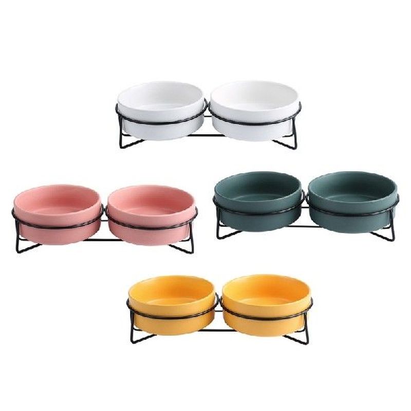 Ceramic Dog Double Bowl Dish With Lron Stand Dishes No