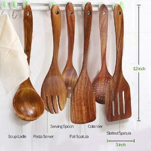 Wooden Utensils Set of 6, Large Kitchen Cooking Utensil for