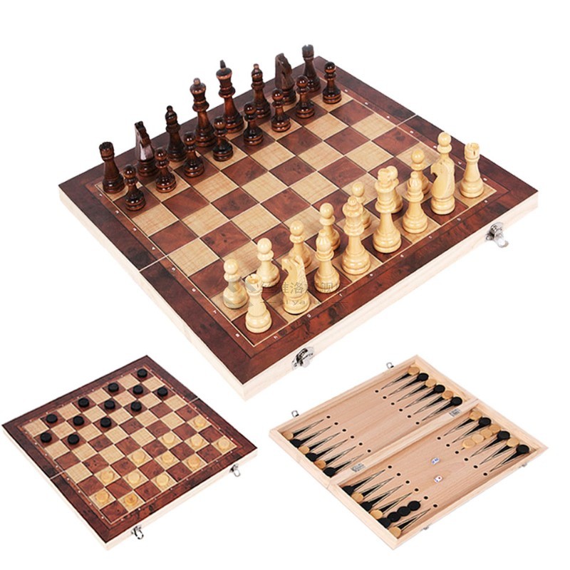 3 in 1 Chess Set Wooden Chess  Backgammon Checkers Indoor Tr