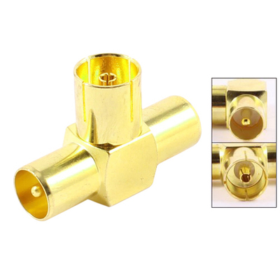 Gold Tone 3 Way RF Female to Mele TV Coaxial Aerial Antenna