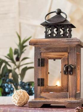 Retro European Wooden Windproof Candle Stand Glass Hanging