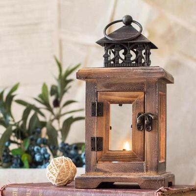 Retro European Wooden Windproof Candle Stand Glass Hanging