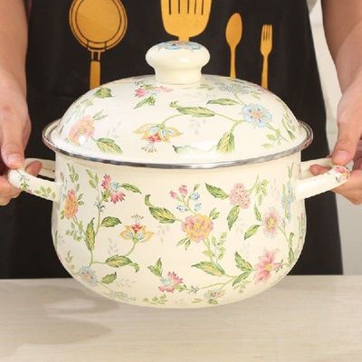 Home Enamel Binaural Soup Pot Vintage Pattern Kitchen