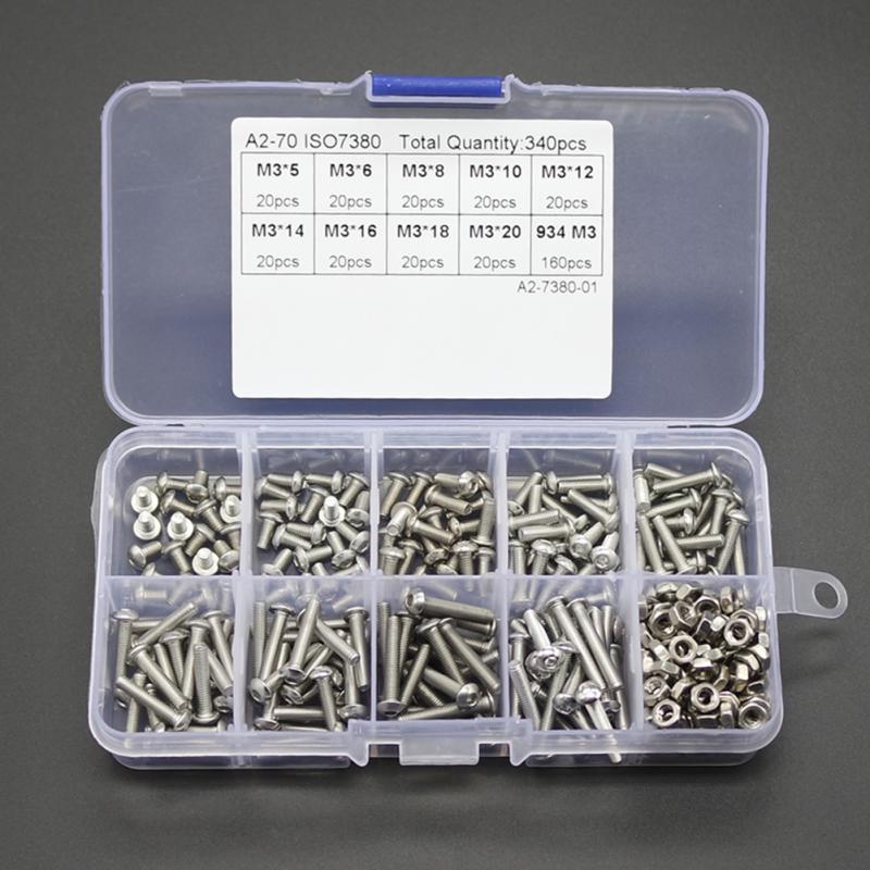 340pcs M3 Stainless Hex Socket Button Head Screws Bolt Nut A