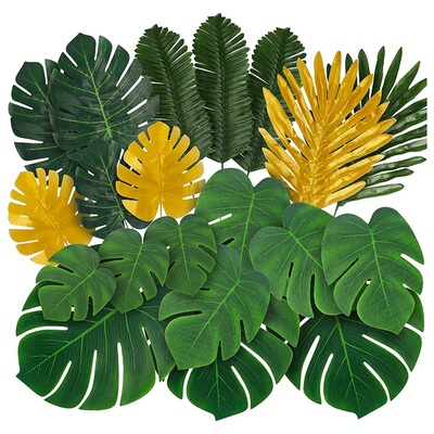 Hot 88Pieces 9Kinds Artificial Palm Leaves with Stems Faux