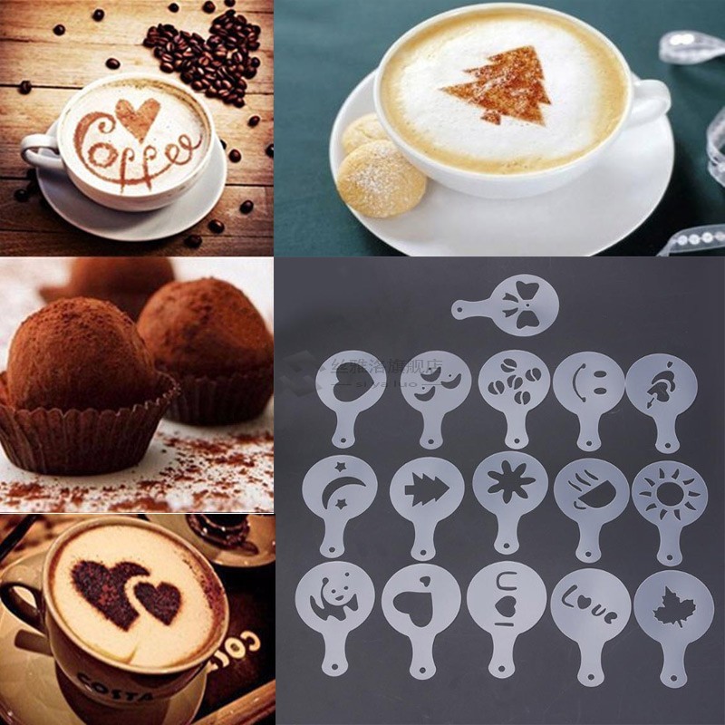 16Pcs/set Coffee Latte Mold Dusting Pad Latte Cappuccino Cof