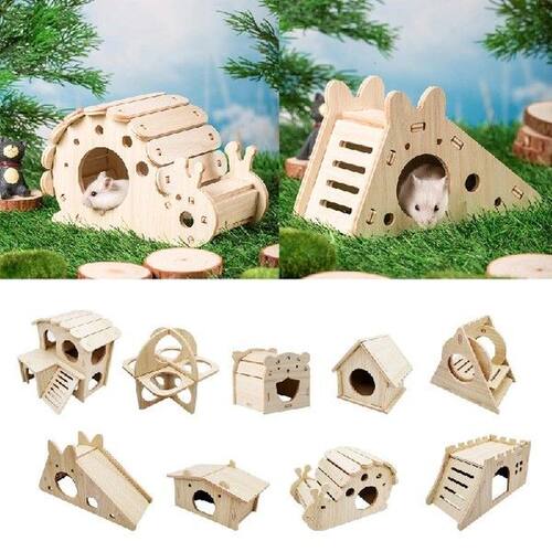 Hamster Wooden House Hideout Small Animal Habitat Natural