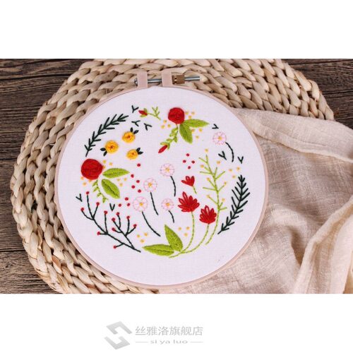 DIY Easy Flower Pattern Embroidery Kit with Hoop for Beginne