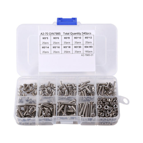 340pcs M3 Screws Nuts Pan Head Screws Hex Nuts Assortment Ki