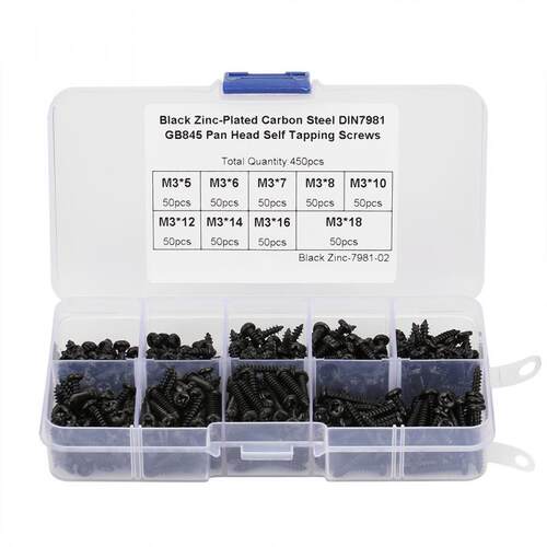 450Pcs Black M3  Pan  Self Tapping Screws Set Assortment Kit