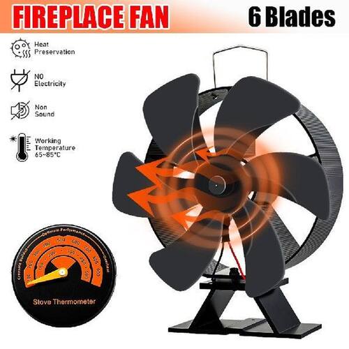 6 Blade Fireplace Fan Black Thermal Power No Battery Log