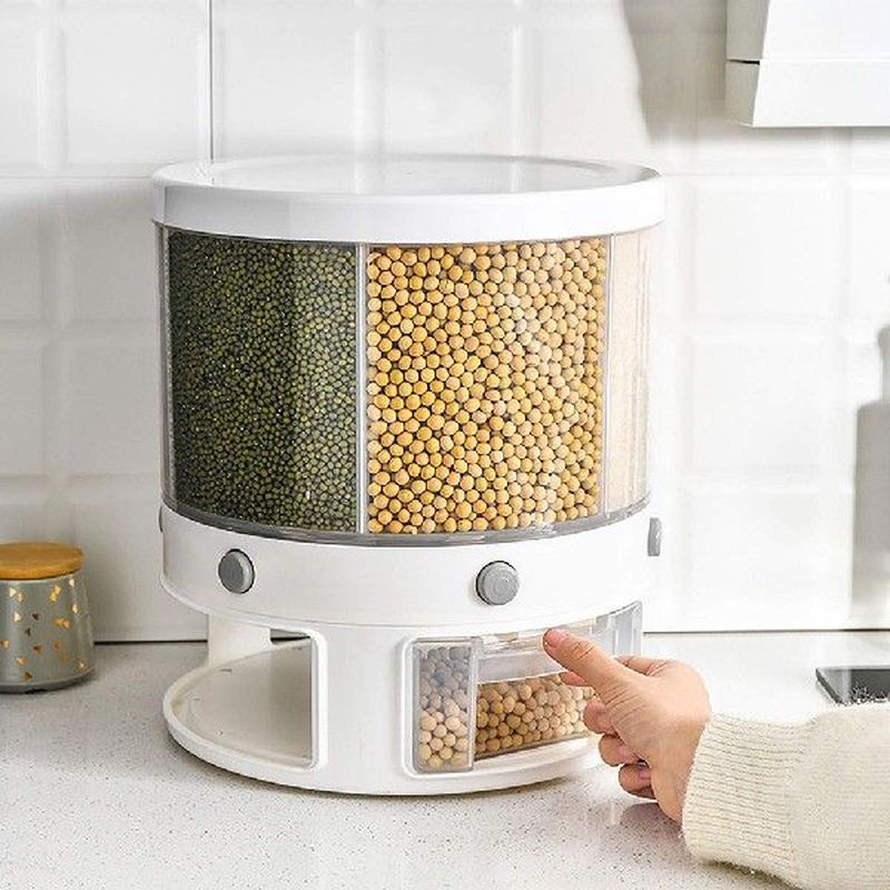 10KG Dry Food Dispenser 6 Grid Rotating Rice Storage Box