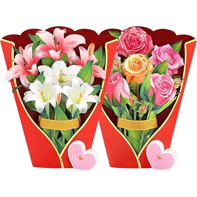 Hot Paper PopUp Cards, Lily and Rose Flower Bouquet 3D