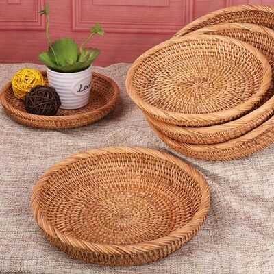 Hand Woven Round Rattan Fruit Basket Wicker Food Tray Woven
