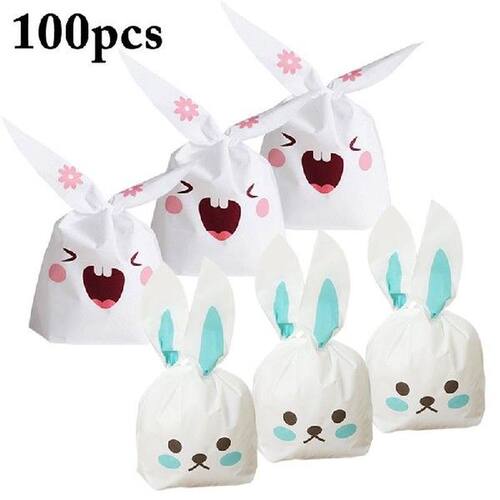 100pcs Cute Rabbit Ear Cookie&Candy Bags Self-Adhesive