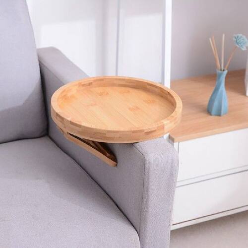 Side Tables Natural Bamboo Sofa Armrest Clip-On Round Tray