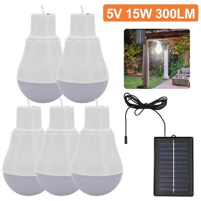 1-5pcs Portable Solar Lamp Bulb 5V 15W 300LM Solar Power