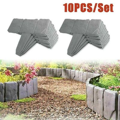 10Pcs Grey Garden Fence Edging Cobbled Stone Effect Plastic