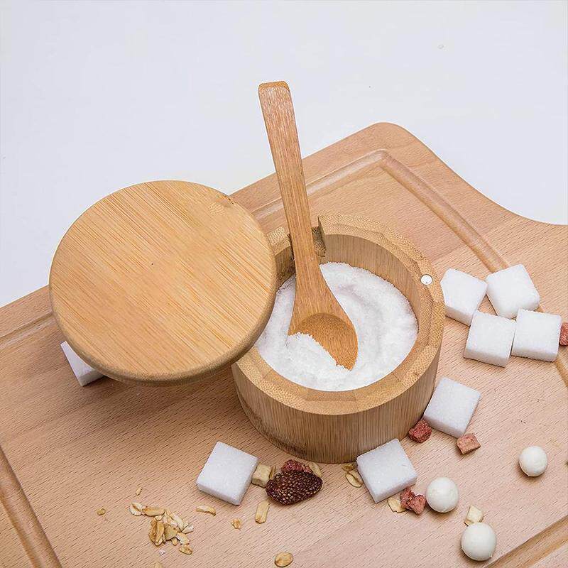 1/2 grid bamboo wooden seasoning pot with spoon and sugar