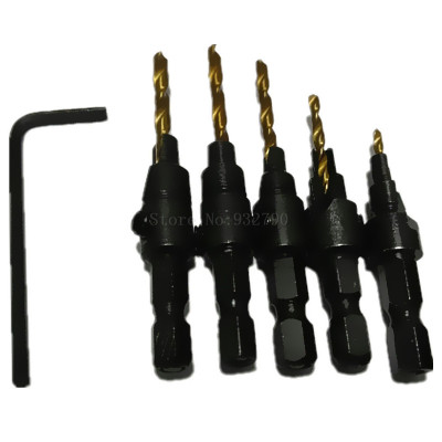 5pcs Hss Countersink Drill Bit Set Coated Hex 1/4