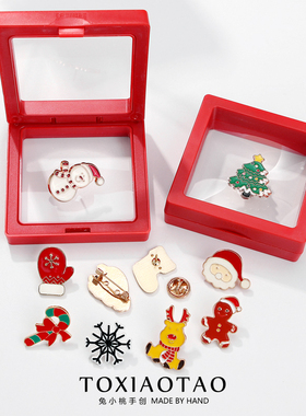 高级红色礼盒装圣诞徽章胸针可爱卡通金属别针圣诞老人配饰品礼物