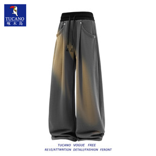 啄木鸟柳叶裆宽松垂感直筒卫裤男士秋冬季裤子潮百搭松紧腰休闲裤