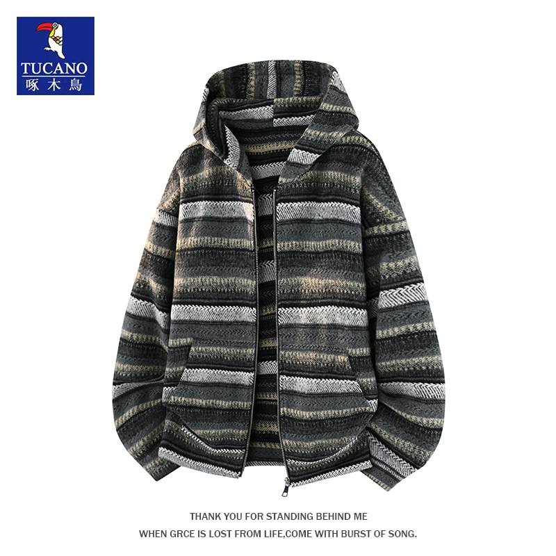 啄木鸟美式潮流复古条纹连帽卫衣男开衫宽松撞色休闲外套上衣服男 - 啄木鸟潮流舰店出品