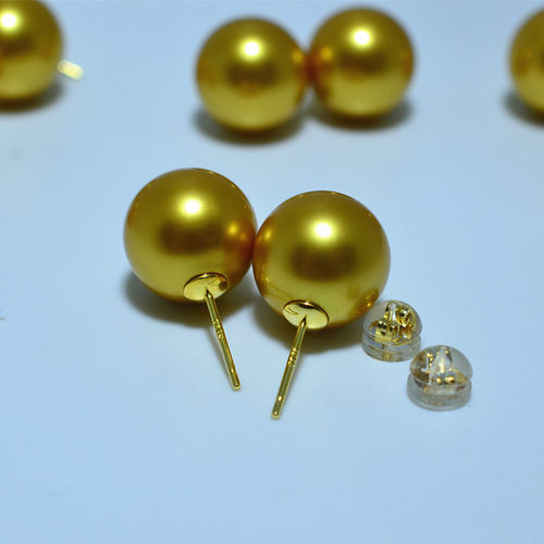 南洋金珠浓金色母贝珍珠耳钉S925纯银耳环耳饰无暇正圆极光品质女