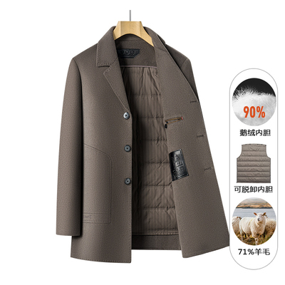毛呢大衣男款高级感羊毛双面呢中长款可脱卸鹅绒内胆冬季呢子外套