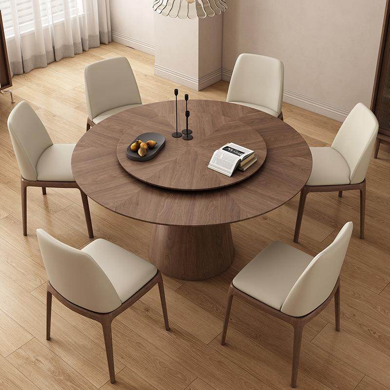 法式复古实木圆桌家用小户型餐厅圆形饭桌黑胡桃木色圆餐桌椅组合