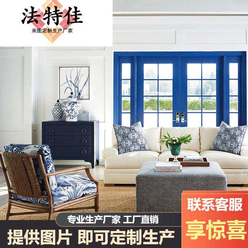 美式简约东南亚实木休闲小椅子阳台青花瓷布艺沙发椅民宿单人沙发