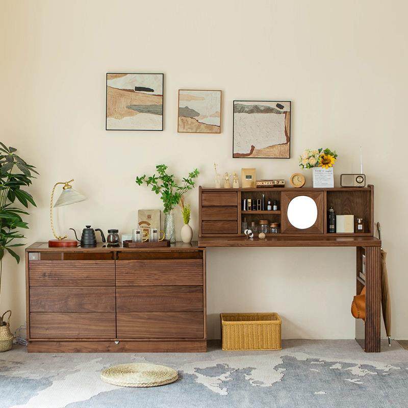 L7黑胡桃实木斗柜梳妆台一体书桌收纳床尾柜简约卧室可移动隔断桌