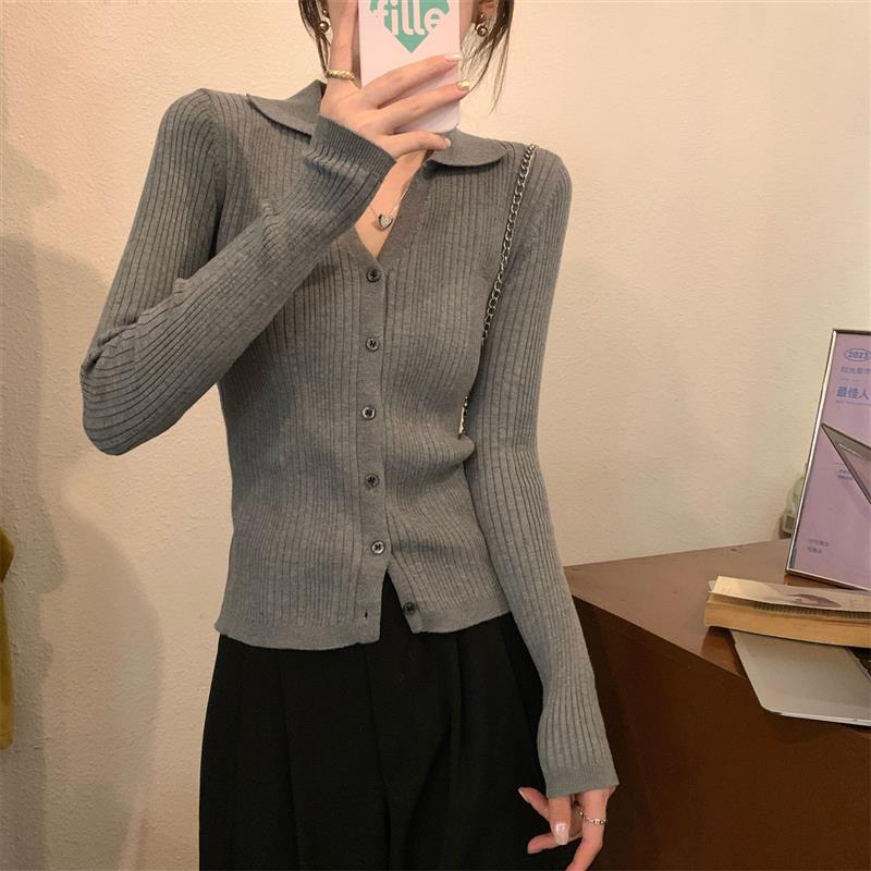 韩版chic针织开衫Polo领长袖女2025早秋女装毛衣外套修身打底上衣