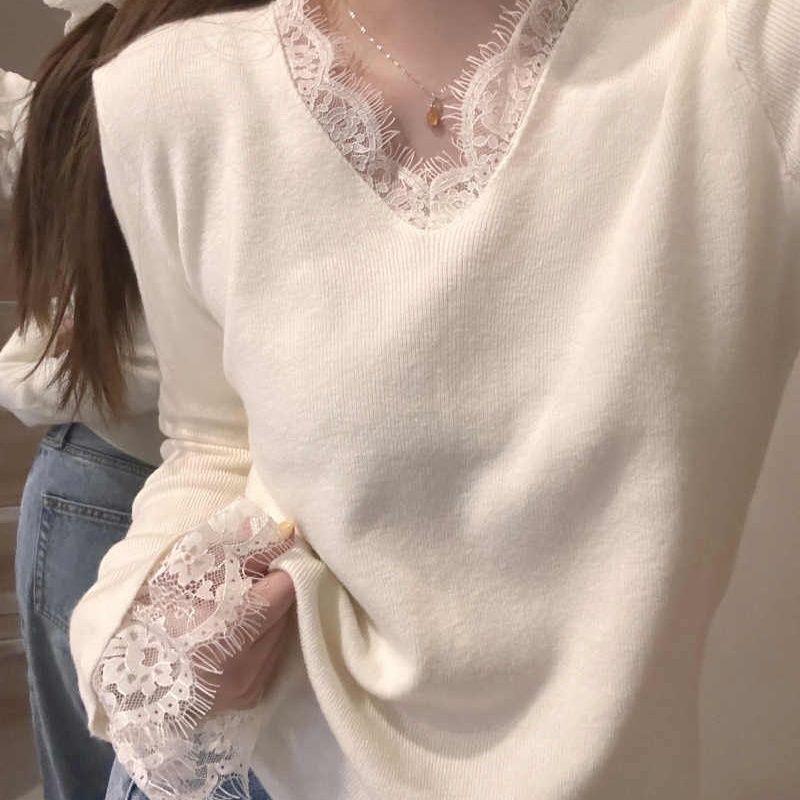 蕾丝边打底衫女秋冬洋气内搭法式高级感喇叭袖毛衣针织衫V领上衣