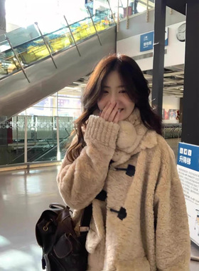 韩翻领scuba外套女仿皮毛一体奶fufu羊羔毛大衣秋冬加厚