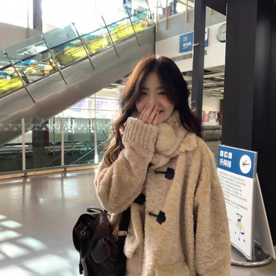 韩翻领scuba外套女仿皮毛一体奶fufu羊羔毛大衣秋冬加厚