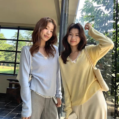 THE LIMON柠檬绿茶韩系甜美V领蕾丝拼接层次感假两件设计感针织衫