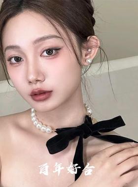 欧美夸张时尚珍珠项圈可调节缎带项链气质新娘蝴蝶结颈链礼服配饰