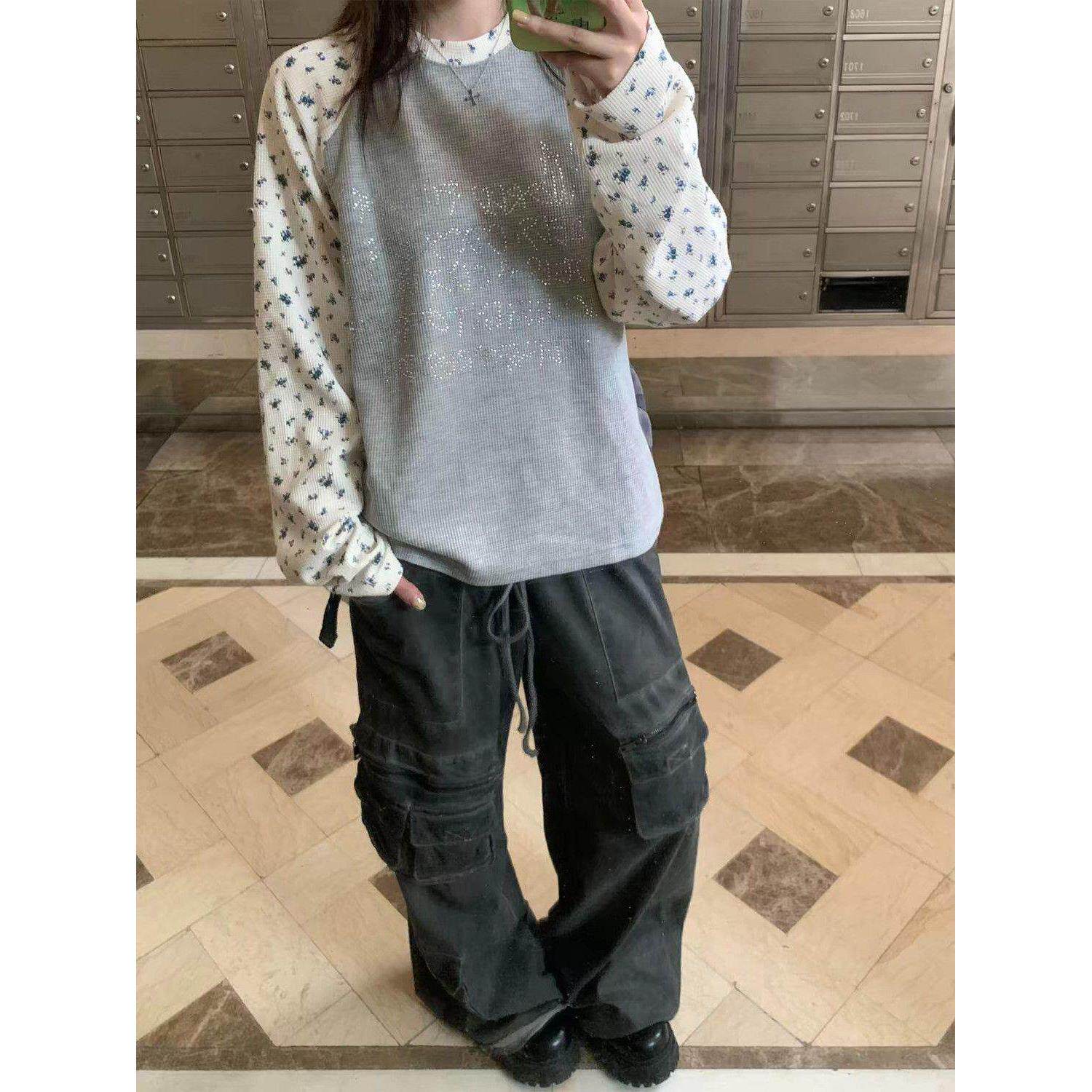 华夫格烫钻字母碎花插肩长袖T恤女美式复古撞色韩系宽松小众上衣