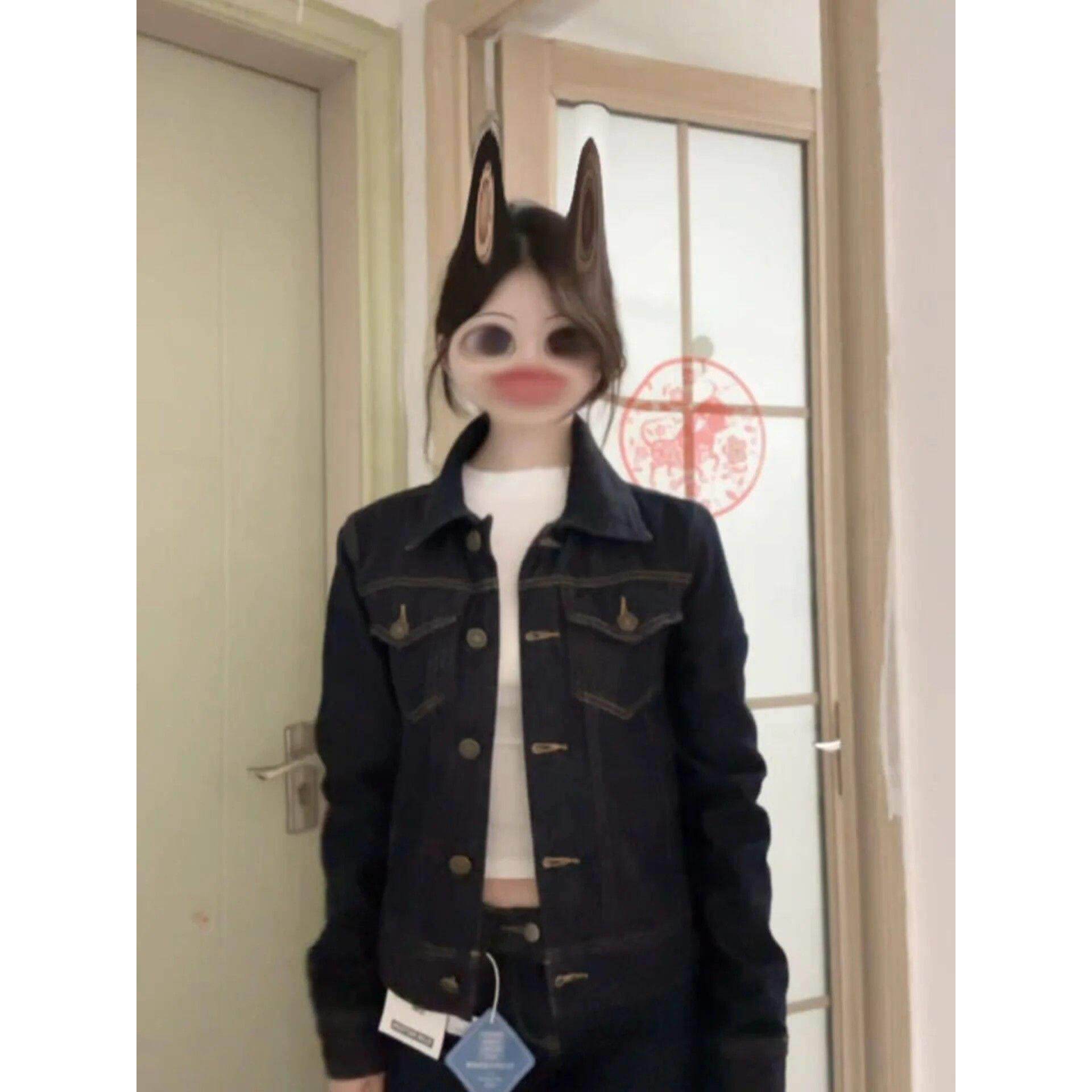 美式复古蓝色翻领短款牛仔外套女廓形设计感春季修身工装夹克上衣
