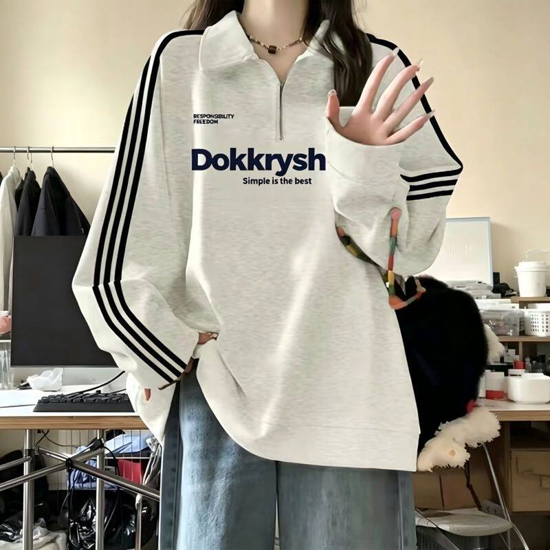 美式高街半拉链polo衫卫衣外套女款2026春秋宽松情侣长袖薄款上衣