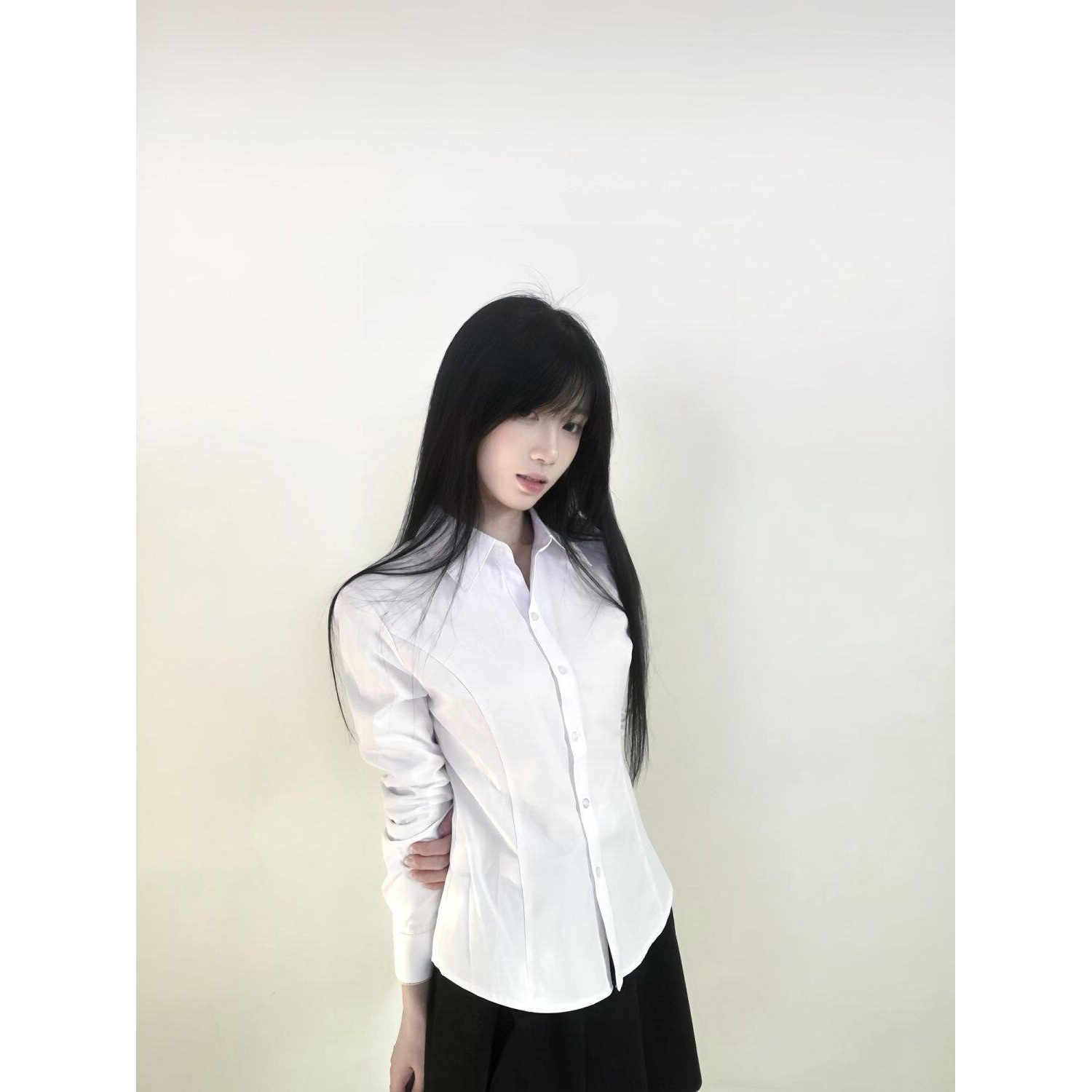 jk收腰显瘦纯色长袖衬衫古早感刺绣内搭外穿衬衫上衣女