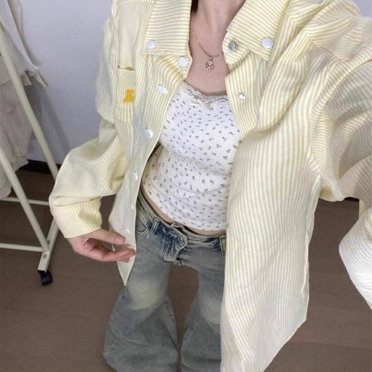 美式复古黄色条纹Polo领衬衫外套女春秋宽松休闲开衫慵懒chic上衣