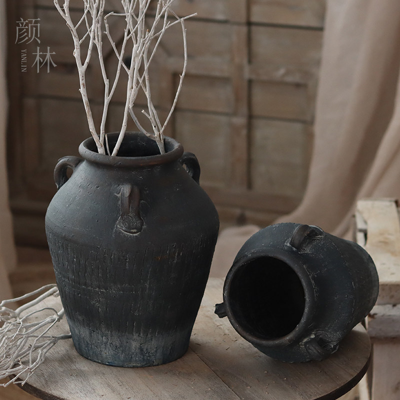 小陶罐花瓶干燥花花器桌面覆古陶罐土陶彷古侘寂罐子三耳罐陶瓶静