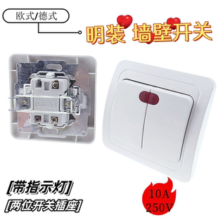 一开双控开关插座带指示灯 欧式德式10A250V白色明装墙壁开关插座