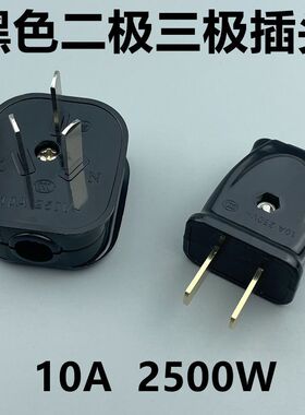 黑色家用二极两三脚插头3孔10A电线电源工业二孔插头不带线